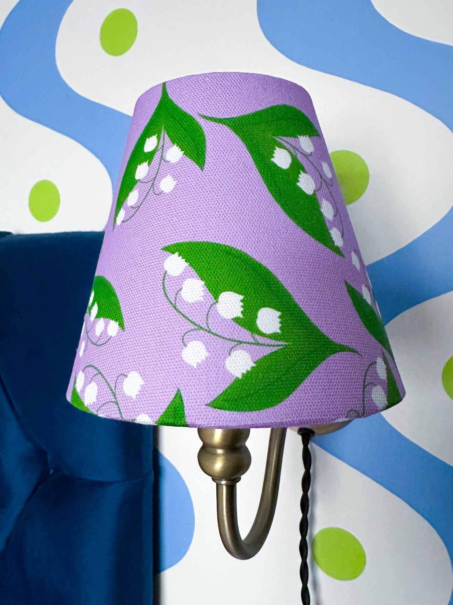 purple lily of the valley candle clip shade, lilac lampshade, reading lampshade, small wall lamp