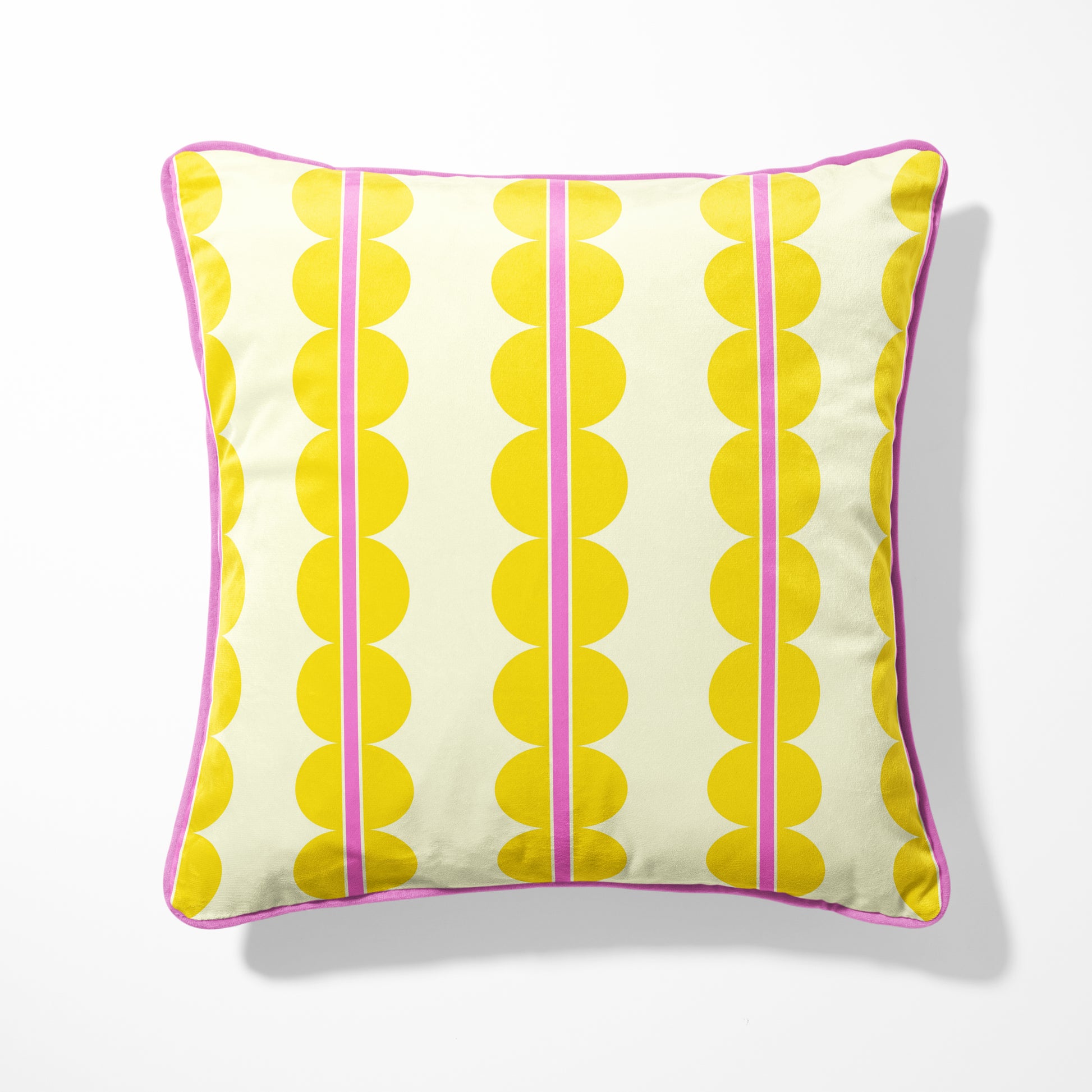 yellow luxury designer cushion with pink piping, scallop and stripe design
