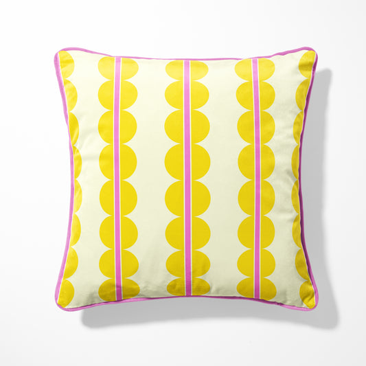 yellow luxury designer cushion with pink piping, scallop and stripe design