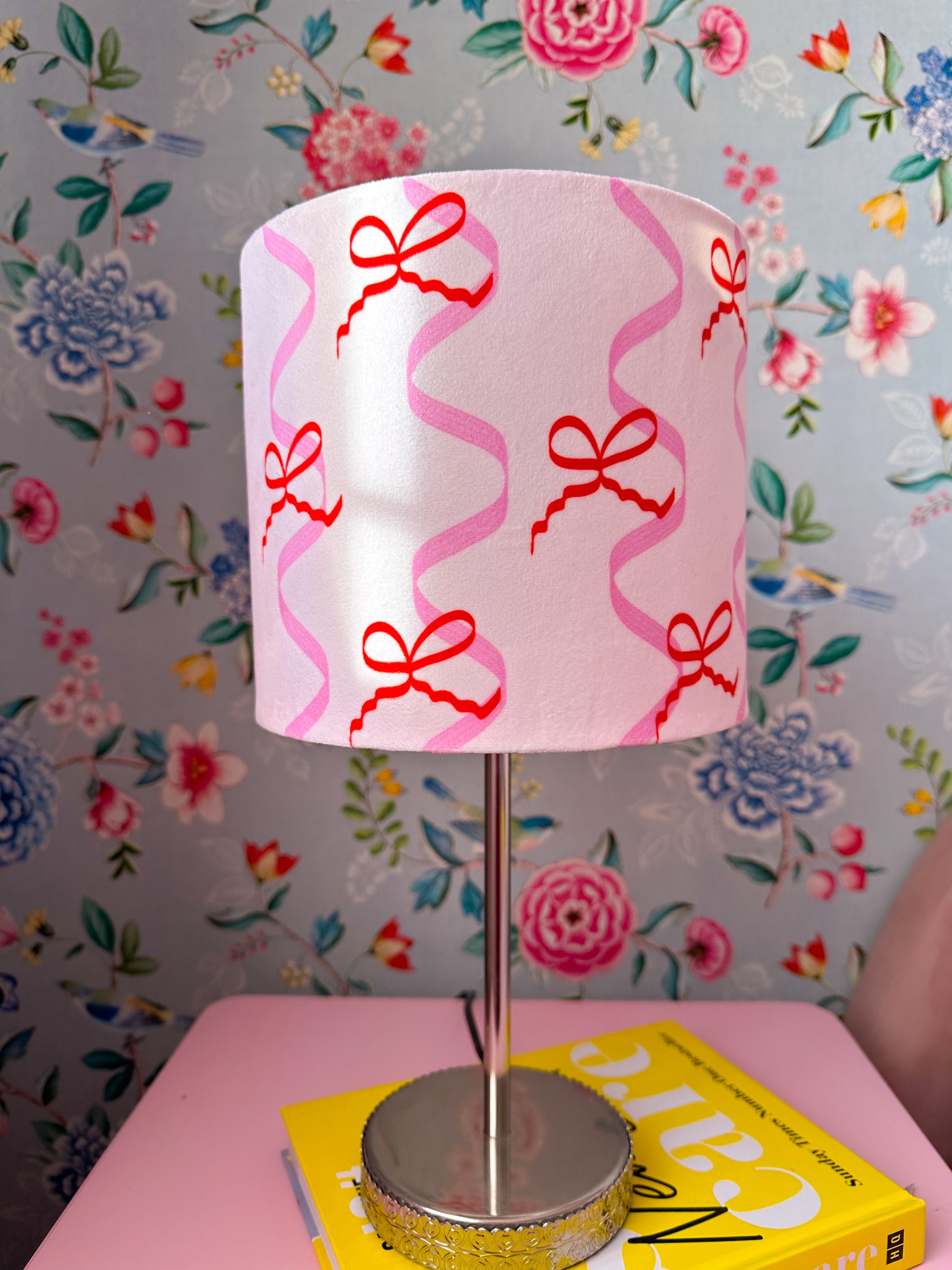 ribbons and bows pattern velvet lampshade in pink and red colour