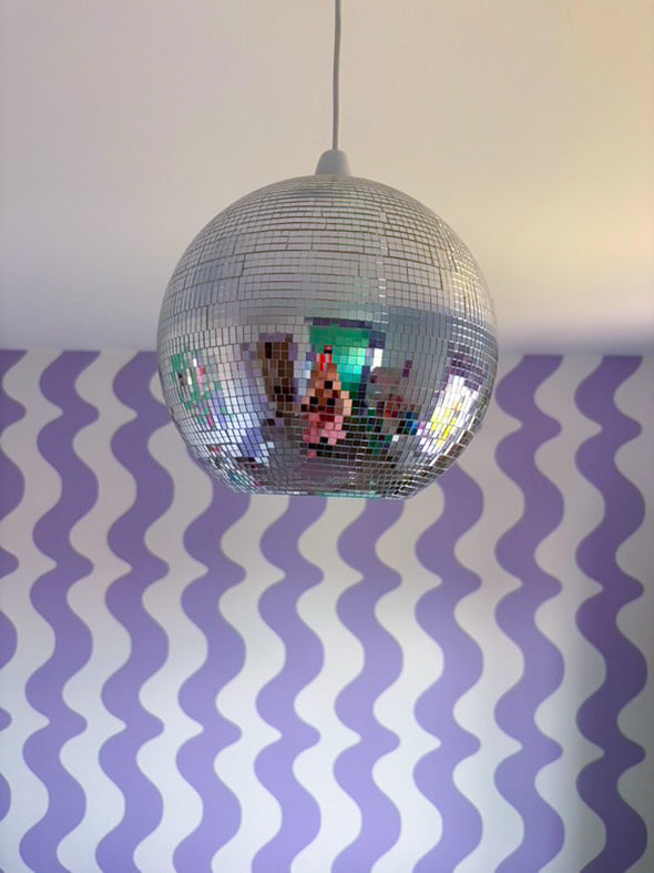 on the same wavelength purple wavy wallpaper, modern quirky abstract wallpaper, lilac, lavender, soft purple wall covering