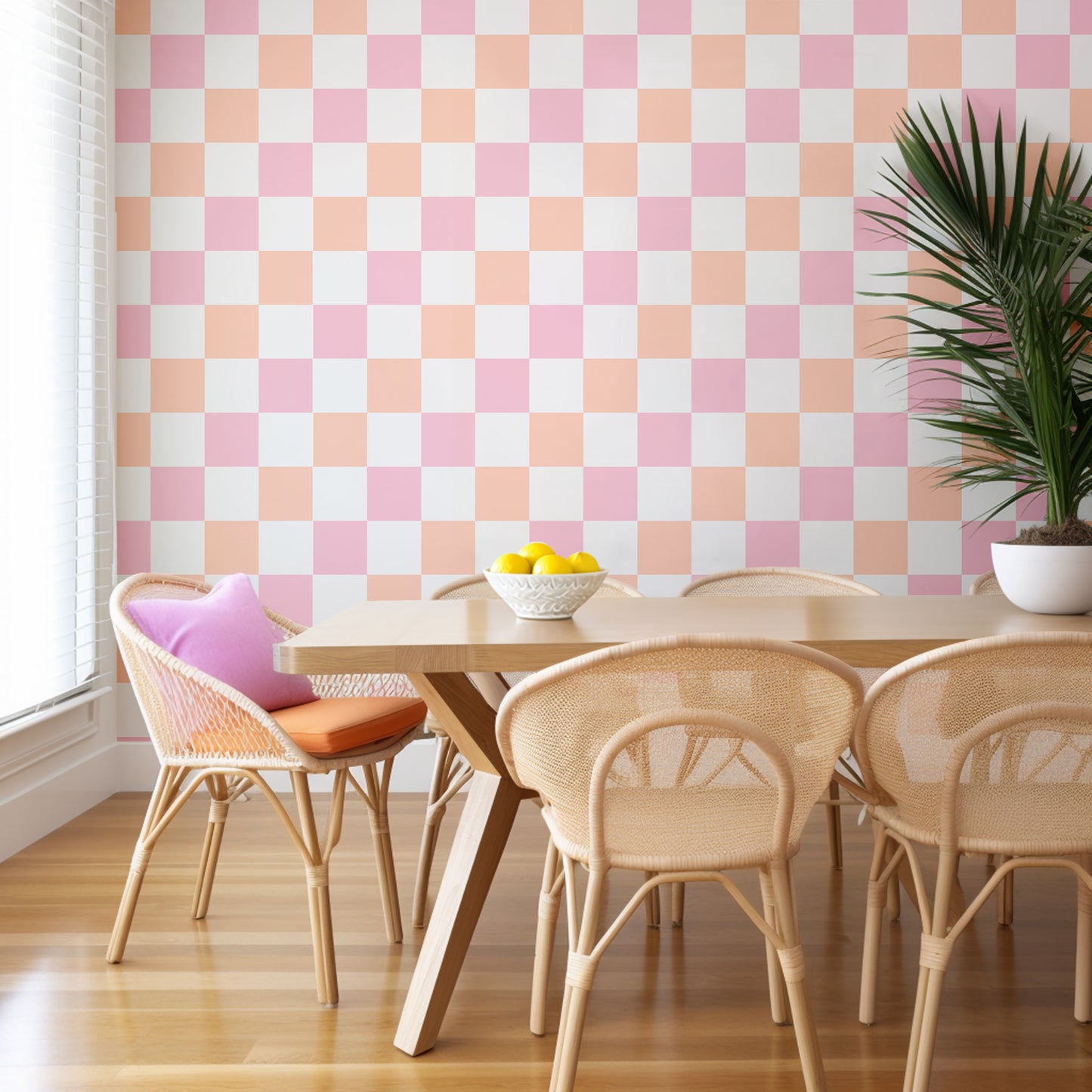 Peach and pink wallpaper for interiors dining room and bedroom checked design 