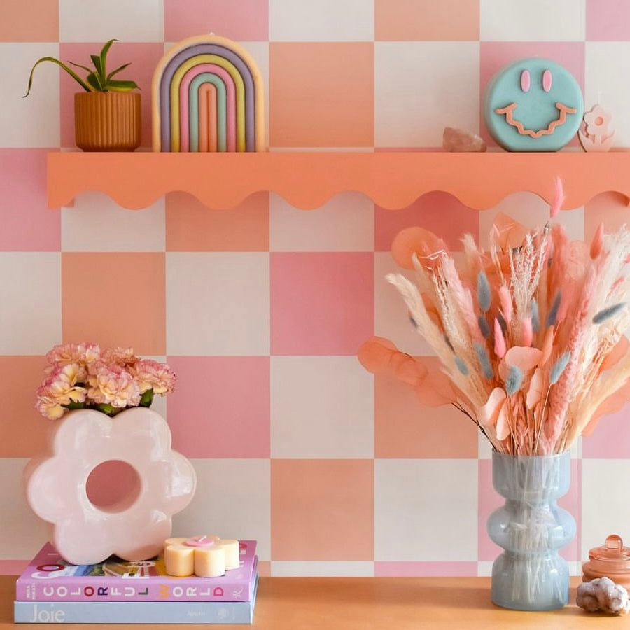 Peach and pink checkered wallpaper retro modern aesthetic for bedroom kids room living room 