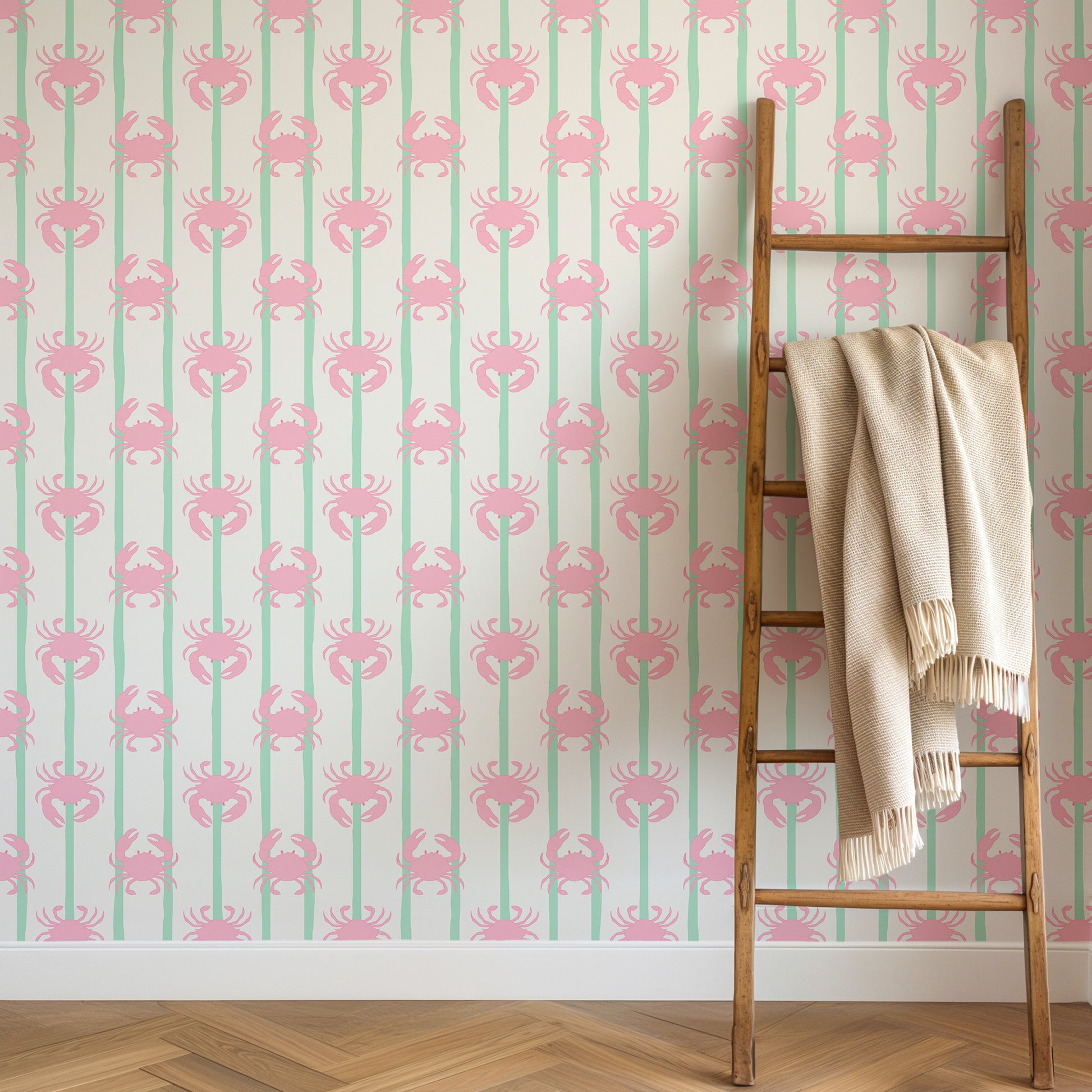 Crab wallpaper in pink and green colours for interiors bathroom hallway nursery bedroom 