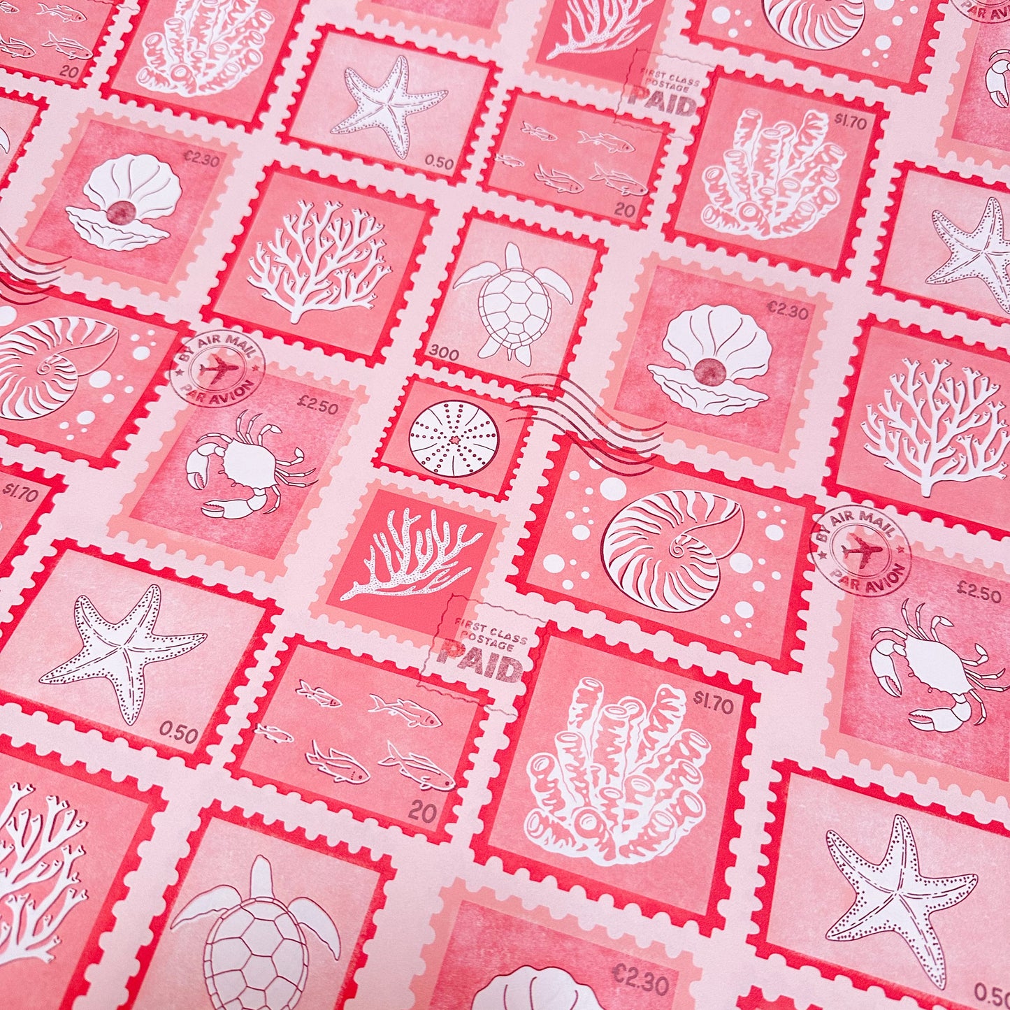 postage stamp wallpaper in coral colour holiday style modern bathroom accessory