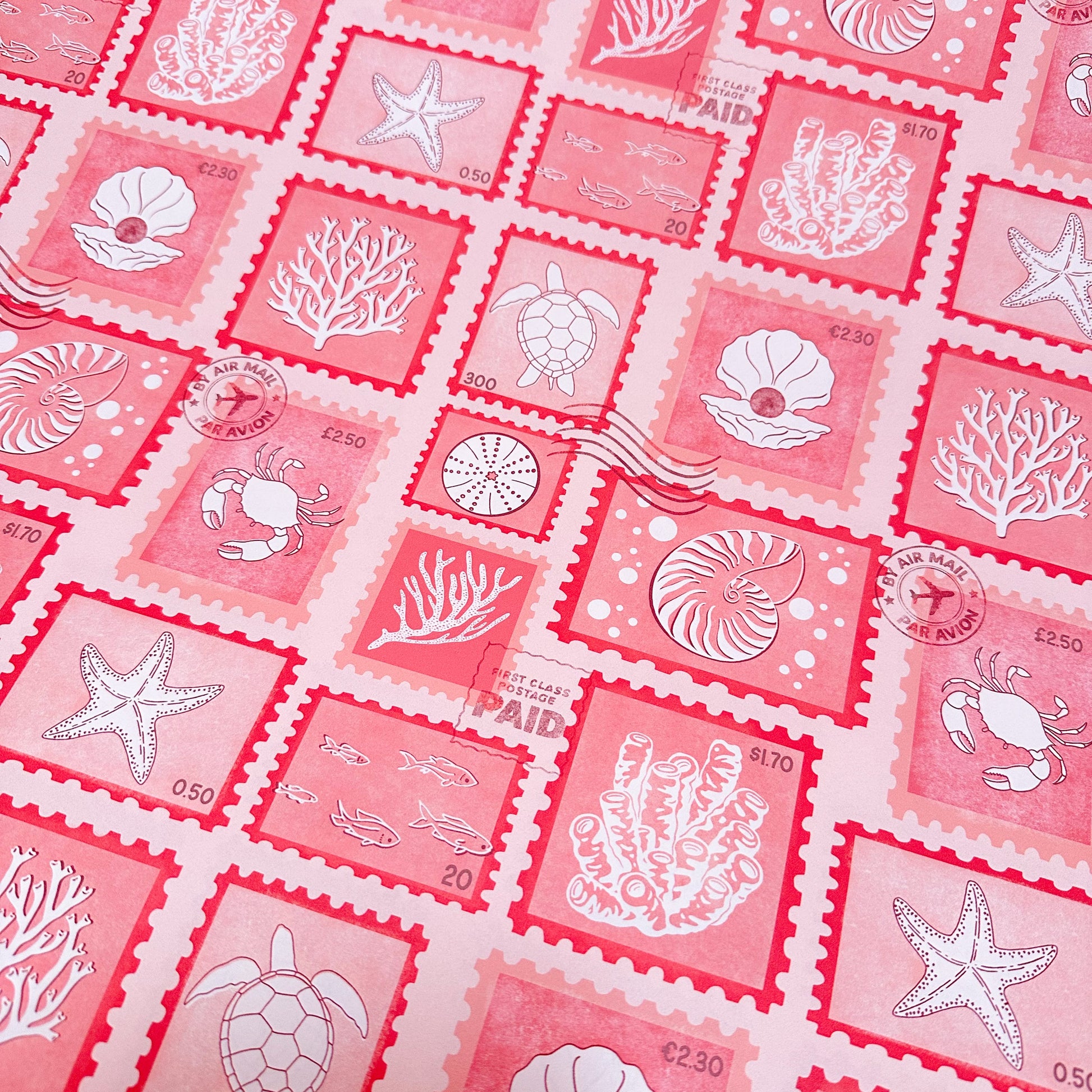 postage stamp wallpaper in coral colour holiday style modern bathroom accessory
