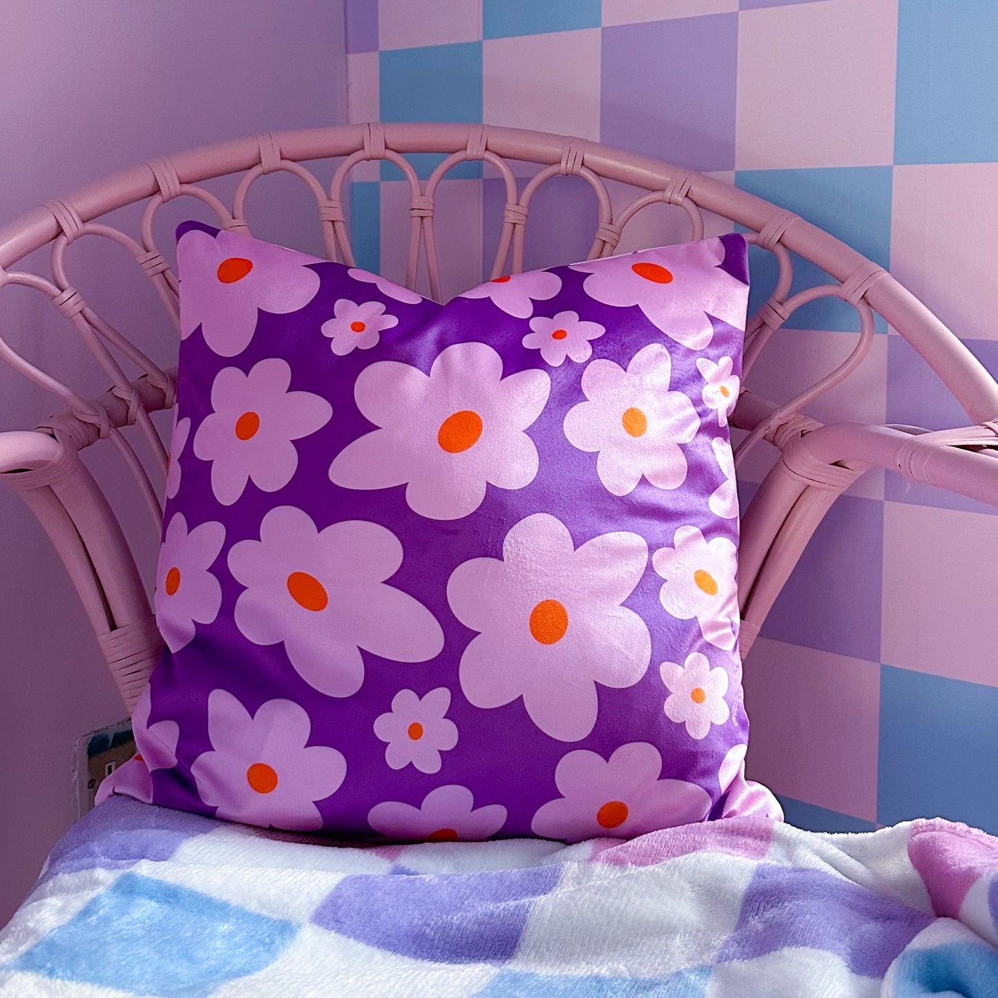 purple velvet cushion with pink daisies