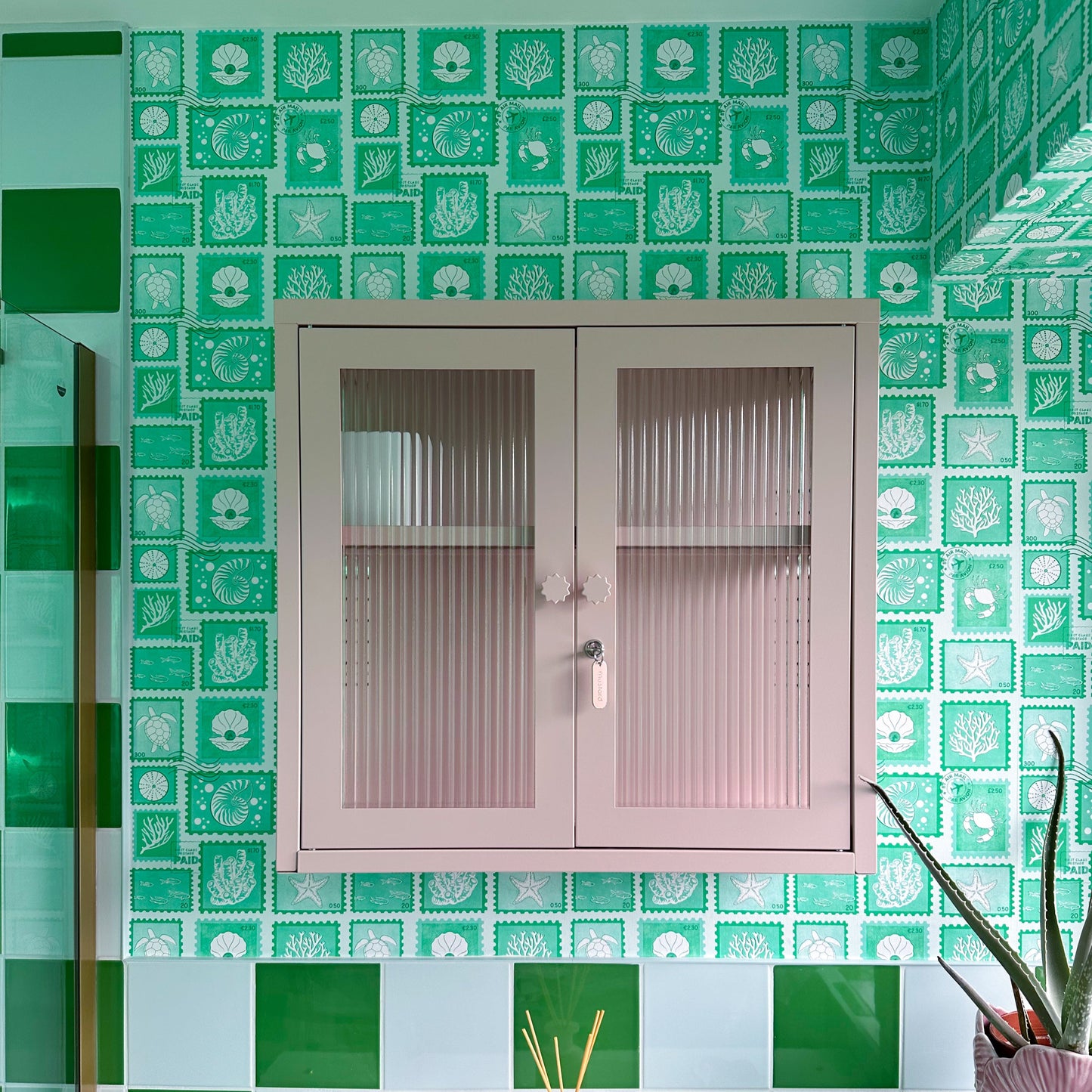 put your stamp on it green bathroom wallpaper, holiday wallpaper, beach, shells, sea wall decor