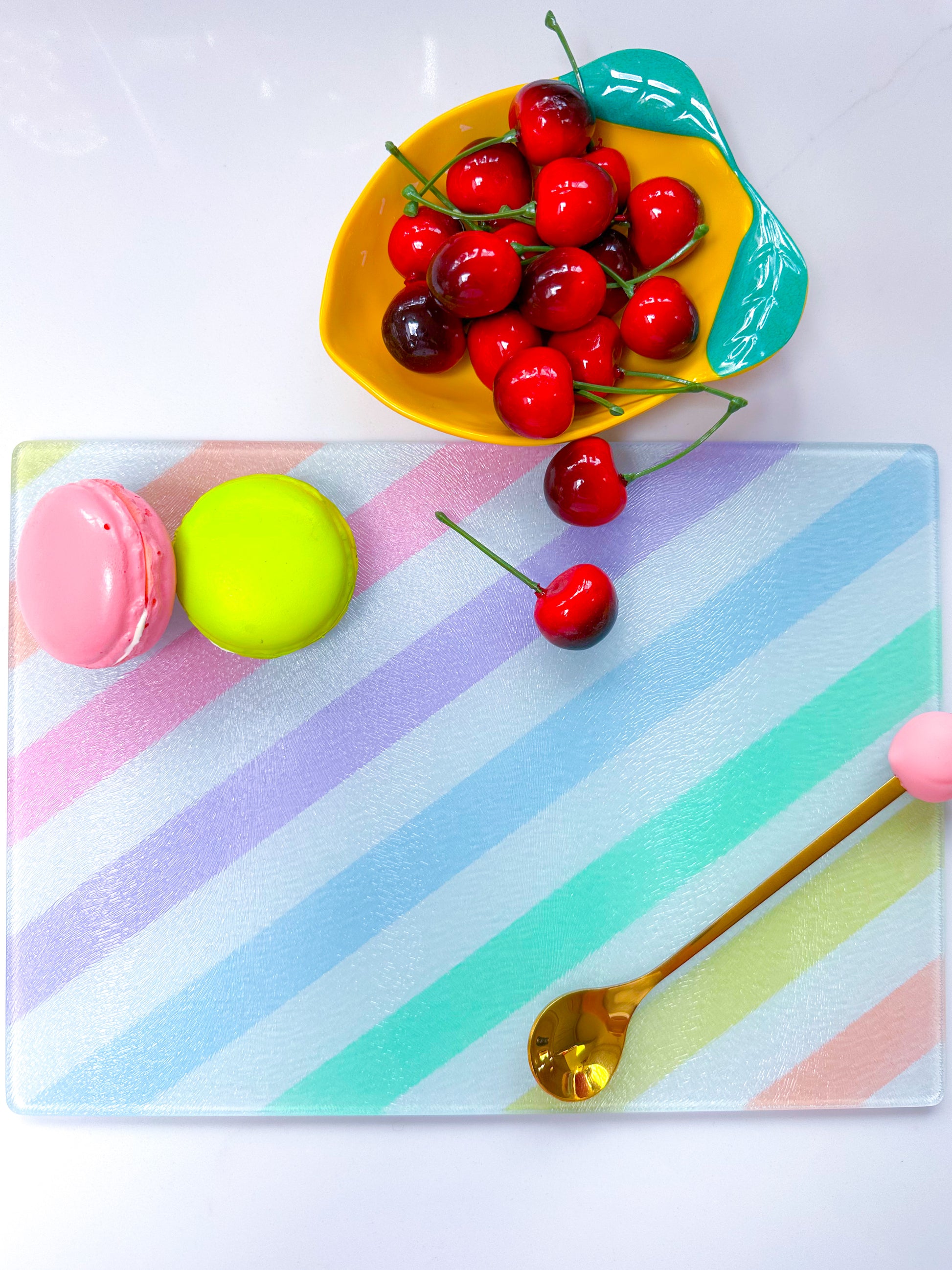 rainbow chopping board, glass worktop saver in rainbow colours