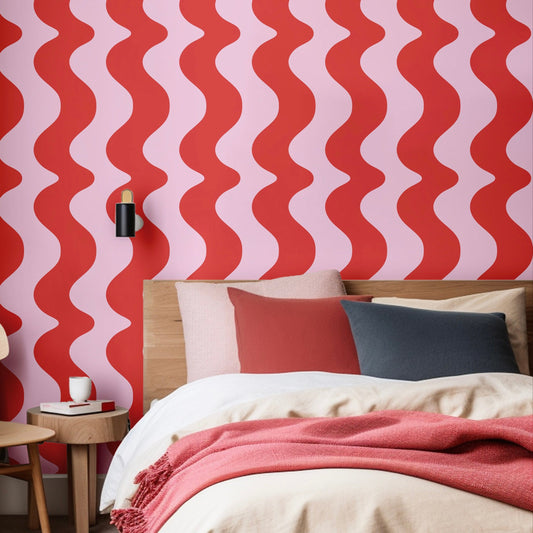 wavy wallpaper design for bedroom in pink and red colours