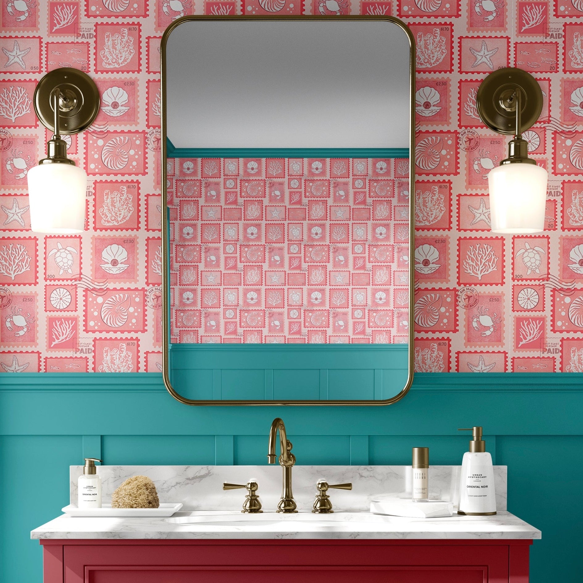 stamps wallpaper in coral for bathroom quirky home decor