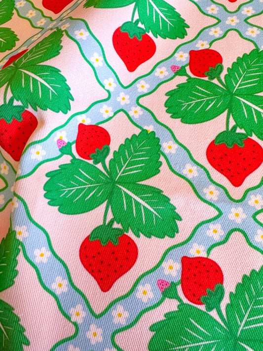 Fabric with strawberry pattern on a pink background, cottage core decor