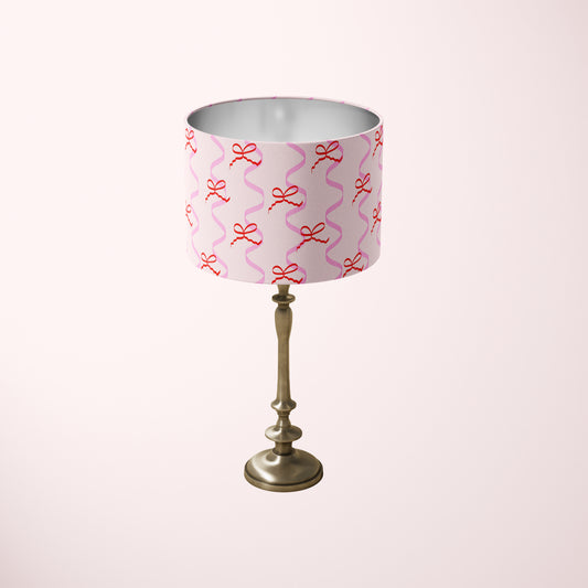 table top lampshade with ribbons and bows in pink and red colours girl's bedroom decor