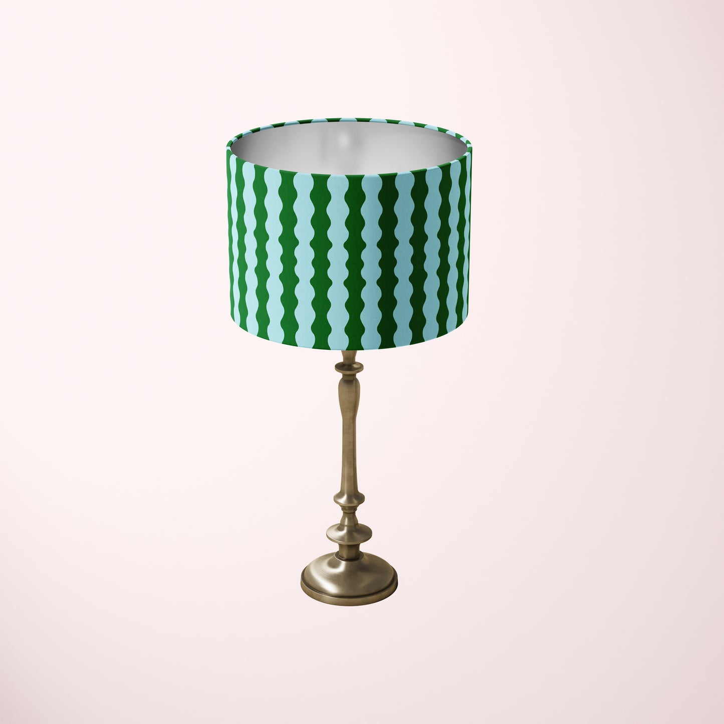 tabletop lampshade with wavy pattern in light blue and dark green colours maximalist home decor