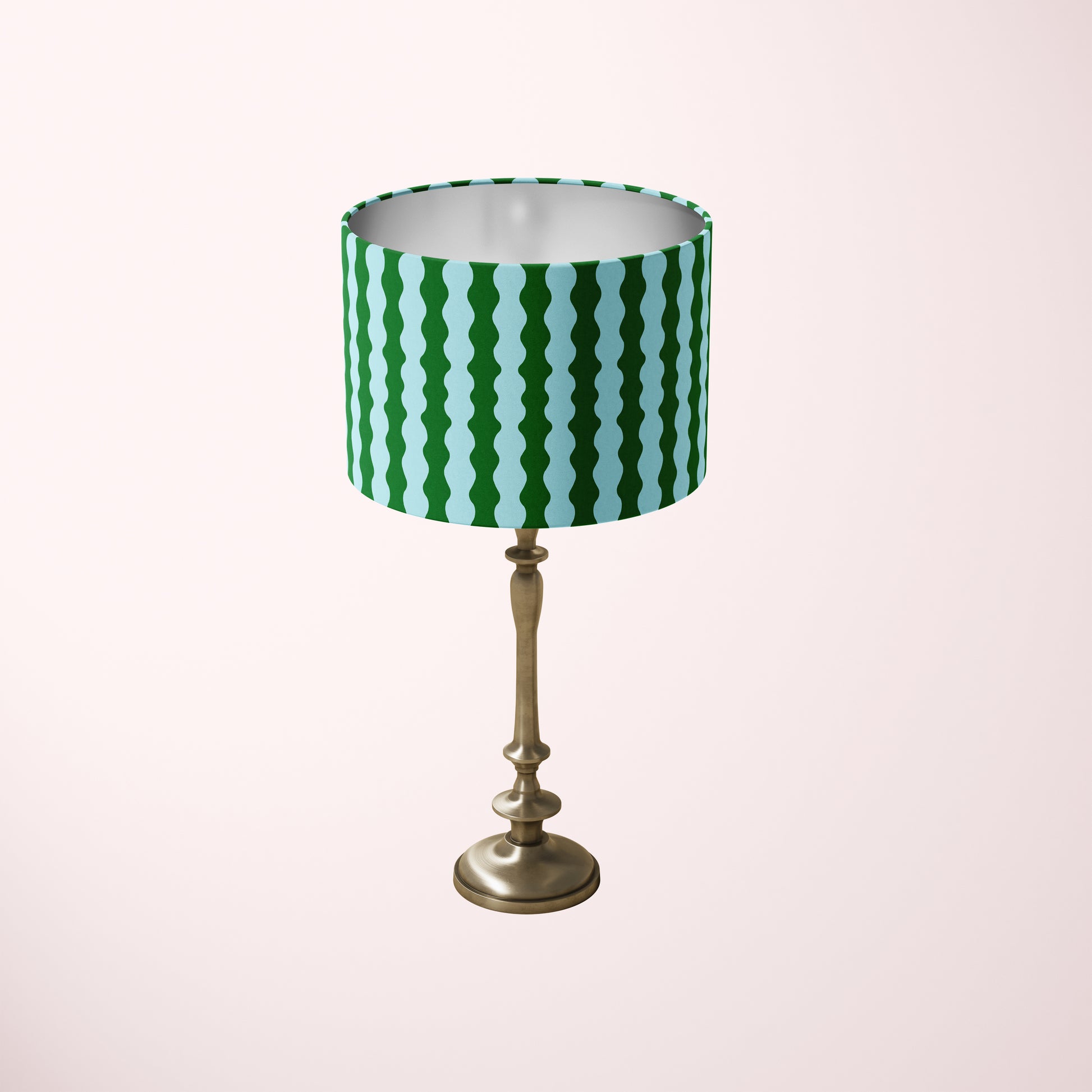 tabletop lampshade with wavy pattern in light blue and dark green colours maximalist home decor