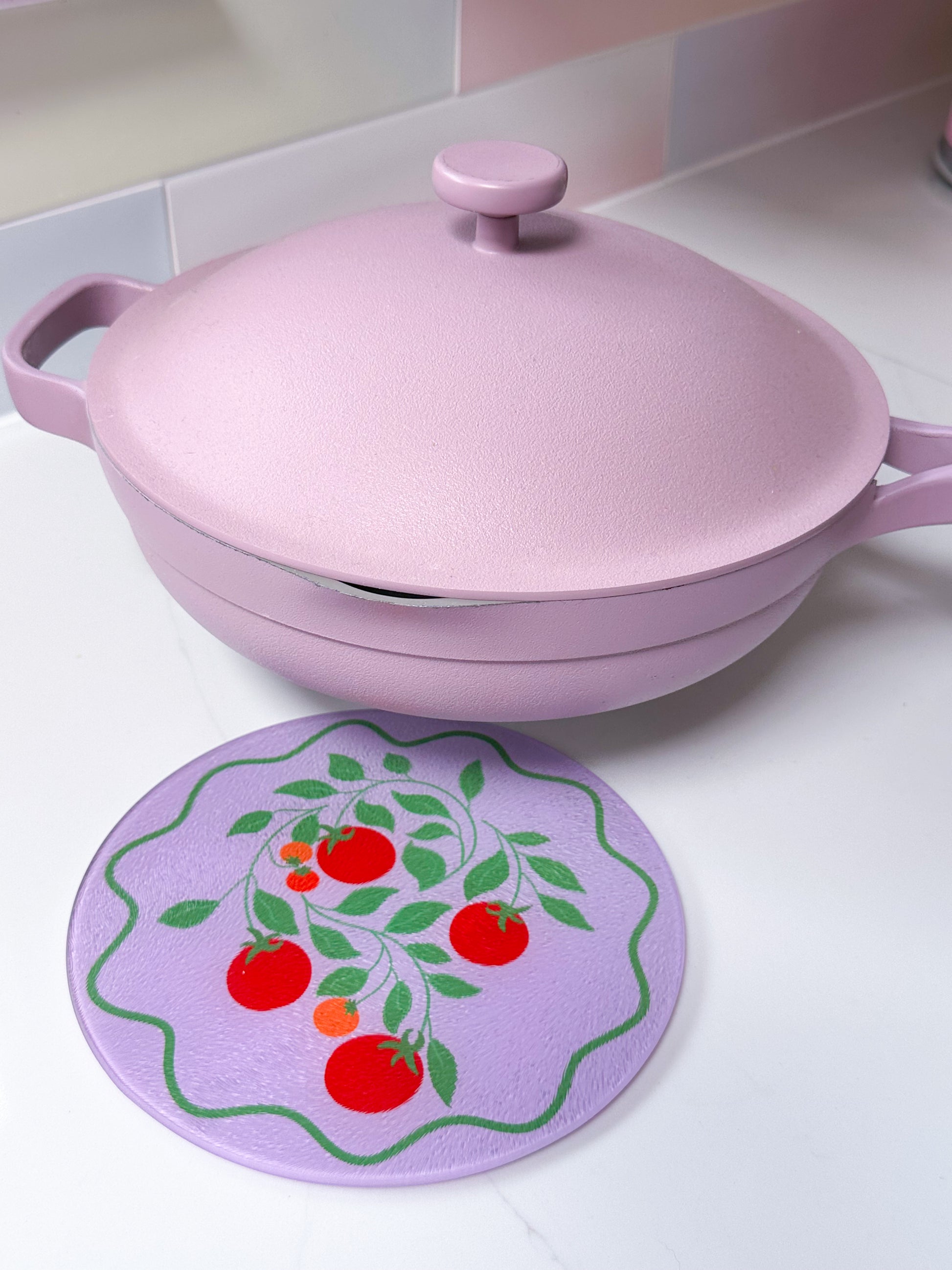 lilac tomato trivet UK, dopamine décor kitchen, quirky vegetable tableware, eco-friendly kitchen accessories