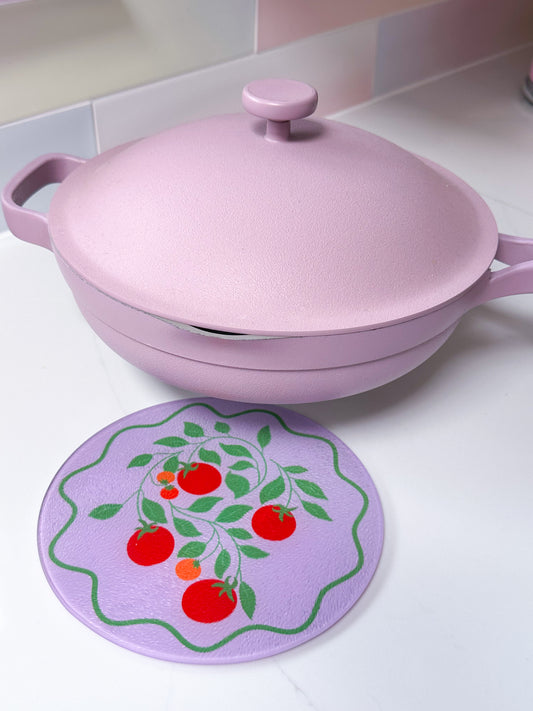 lilac tomato trivet UK, dopamine décor kitchen, quirky vegetable tableware, eco-friendly kitchen accessories