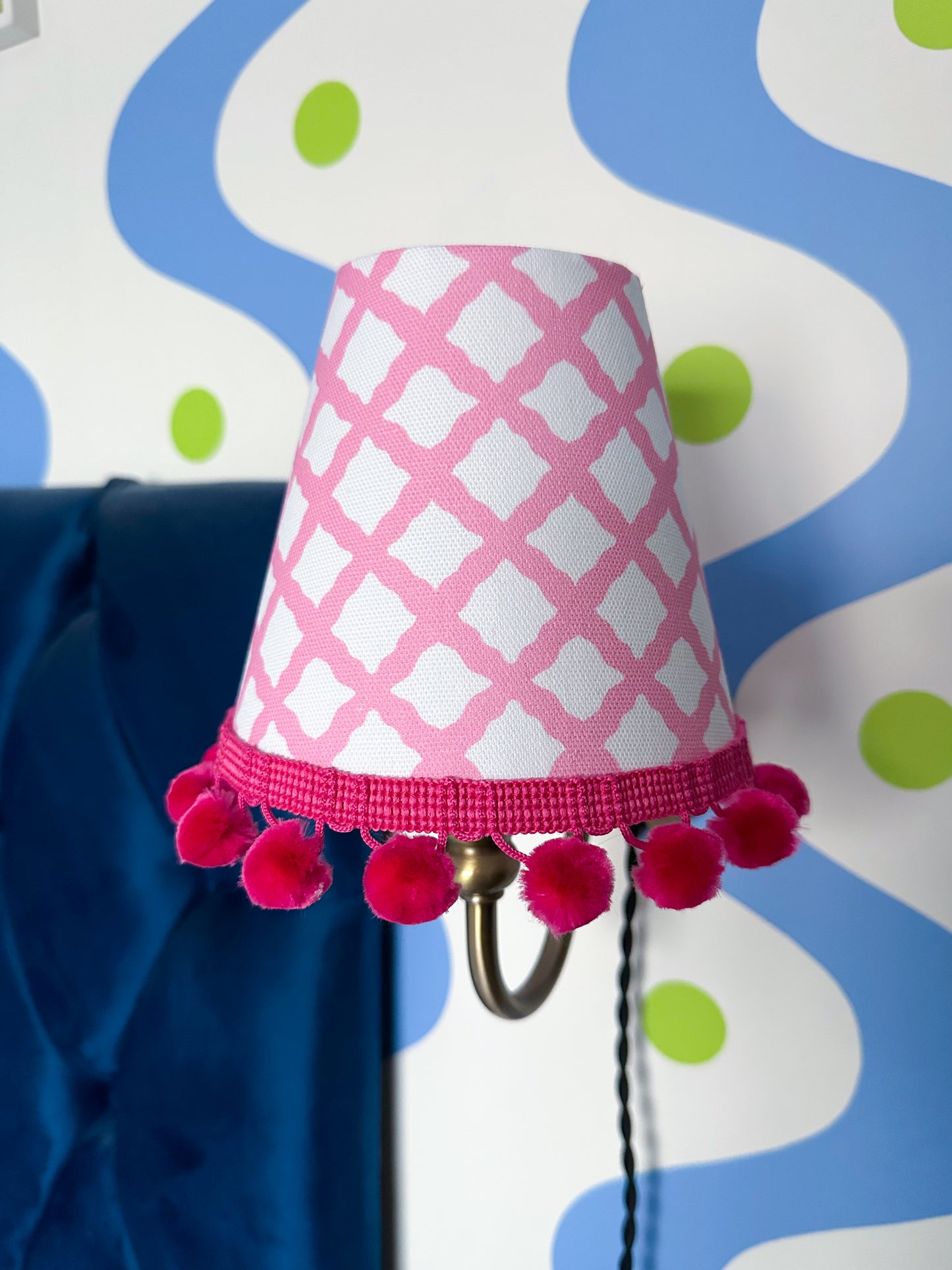 trellis charm candle clip lampshade with pompom, pink lampshade with pom-pom trim, pink pom-pom lampshade, prettiest girl lampshade, elegant lampshade, modern lampshade, luxury candle clip shade