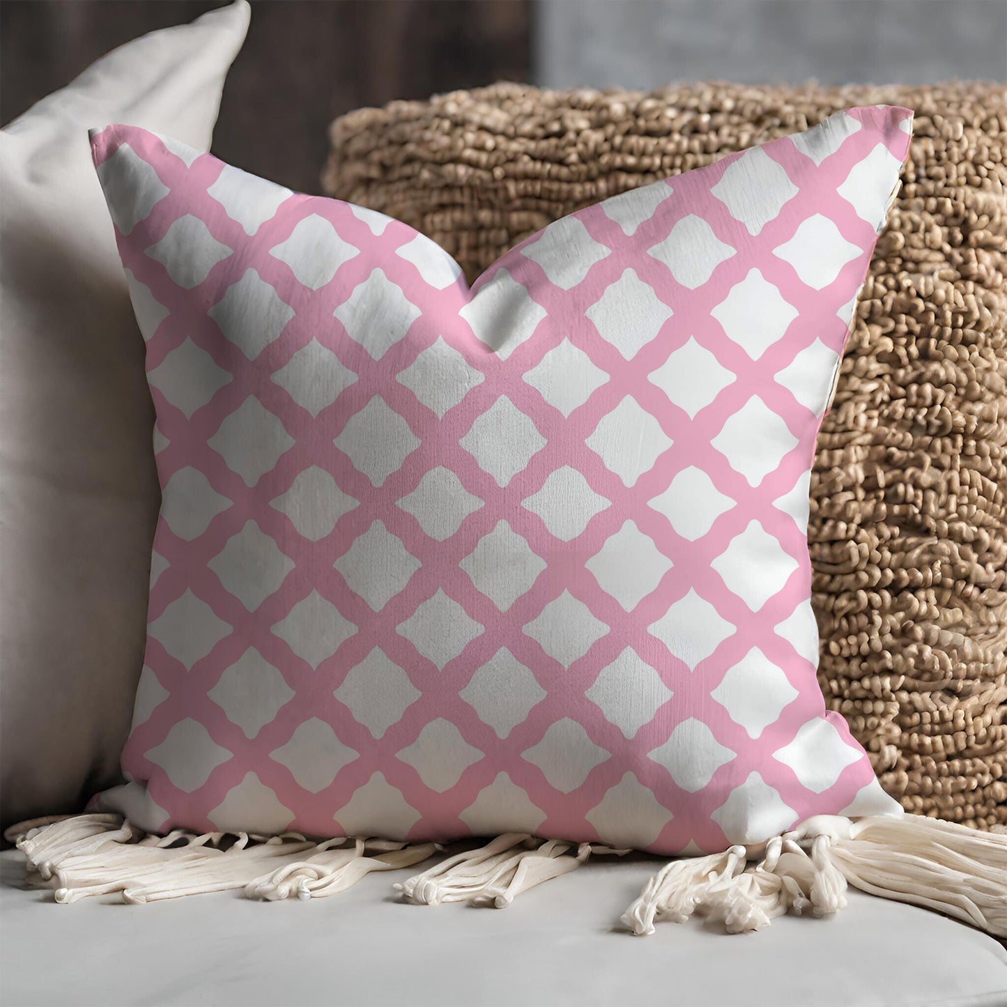 trellis charm abstract lattice fabric in pink, modern elegant interior decor, uk designer fabric