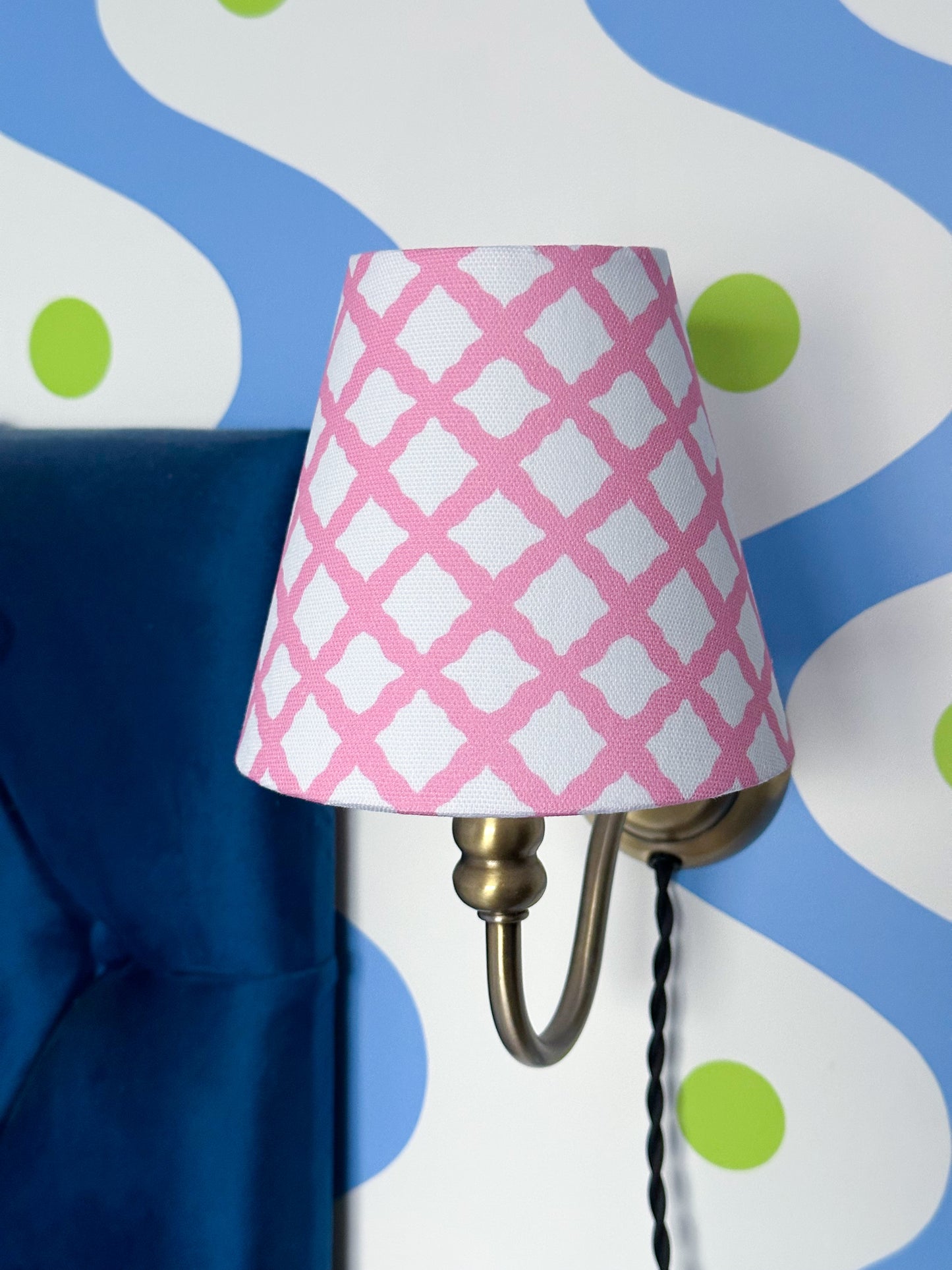 pink candle clip lampshade, trellis pattern lampshade, sorbet dreams lampshade, girls room lamp shade, pretty pink lampshade, wall mounted lampshade, best candle clip shade