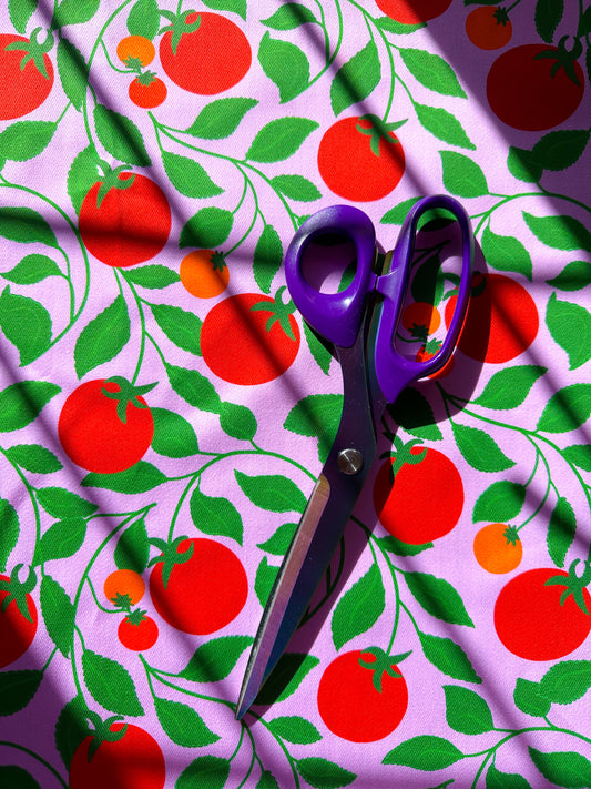 Purple fabric with red tomato pattern, lilac sewing fabric, dopamine fabric