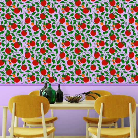 pastel purple, lilac, lavender wallpaper with tomatoes, maximalist home, colourful, quirky wallpaper