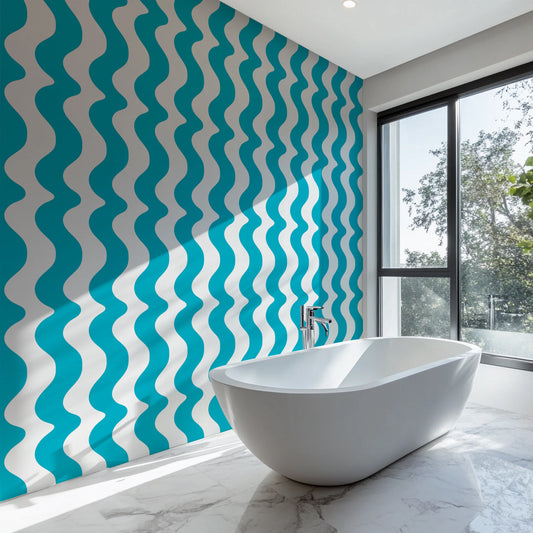 Wavy wallpaper in turquoise colour, retro, vintage wallpaper for bathroom living room maximalist home decor