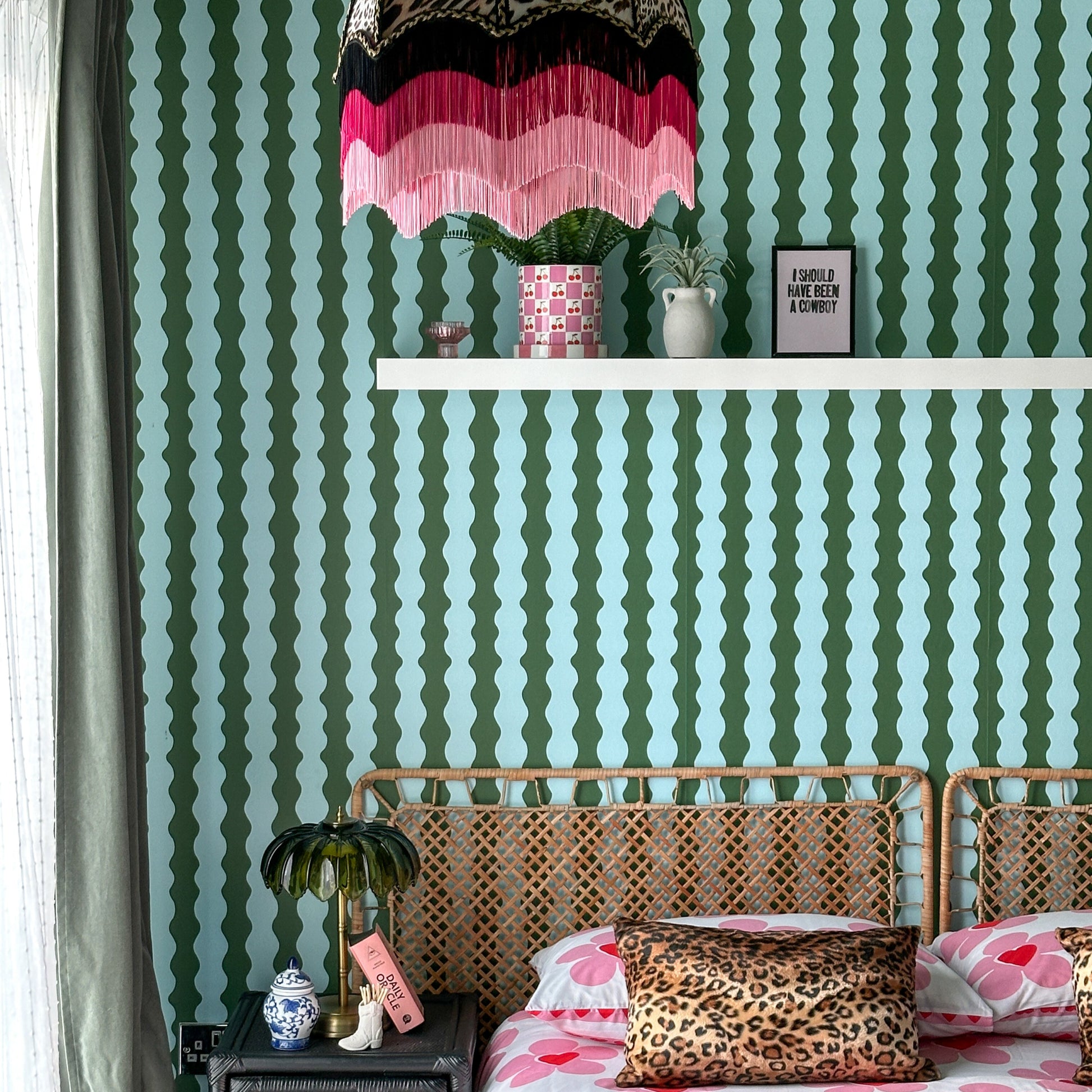 Wavy wallpaper in green and blue colours for bedroom, living room, kitchen, dining room, teenage boy room 