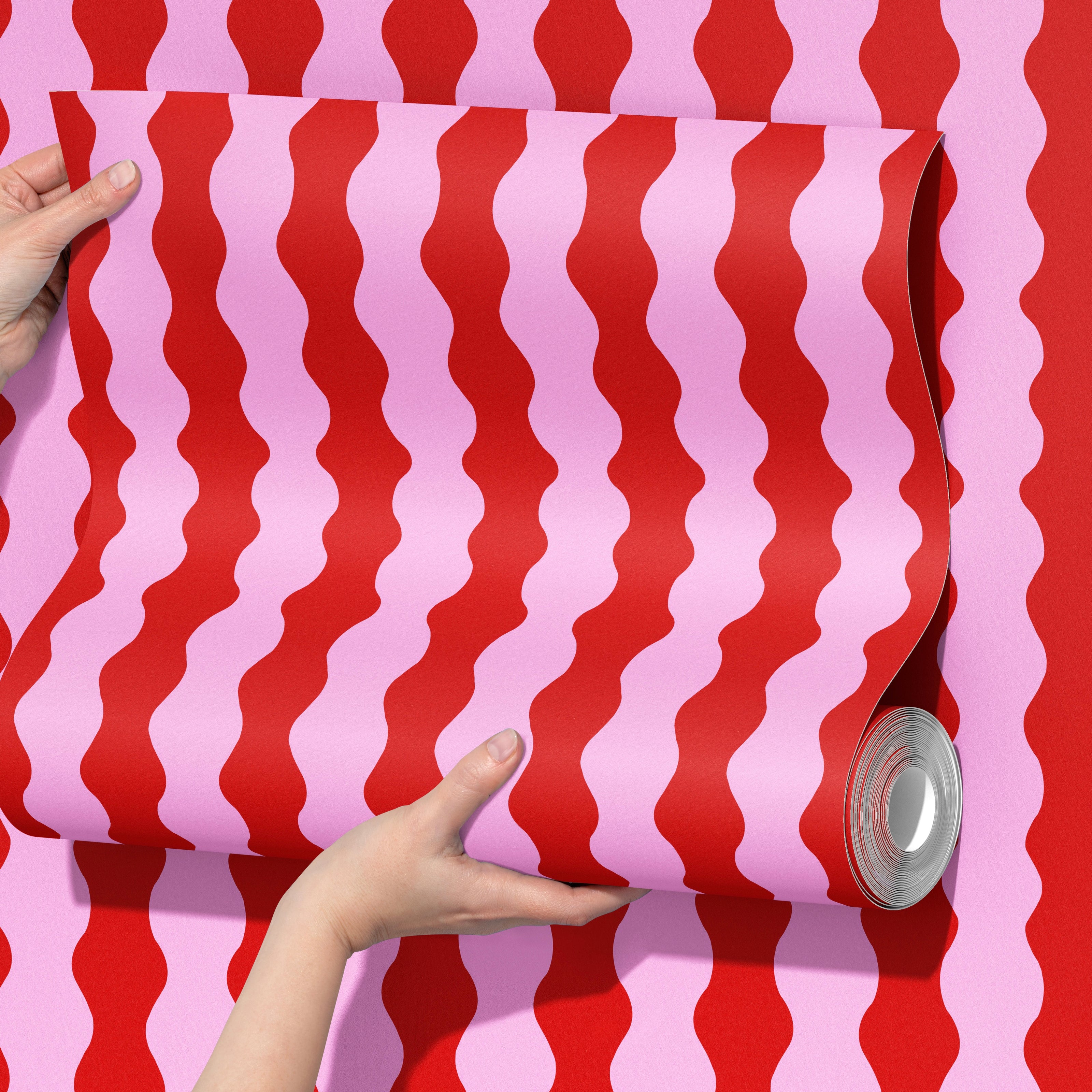 Wiggle wallpaper wavy pattern in red and pink colours girls bedroom interior living room lounge kitchen red interior 