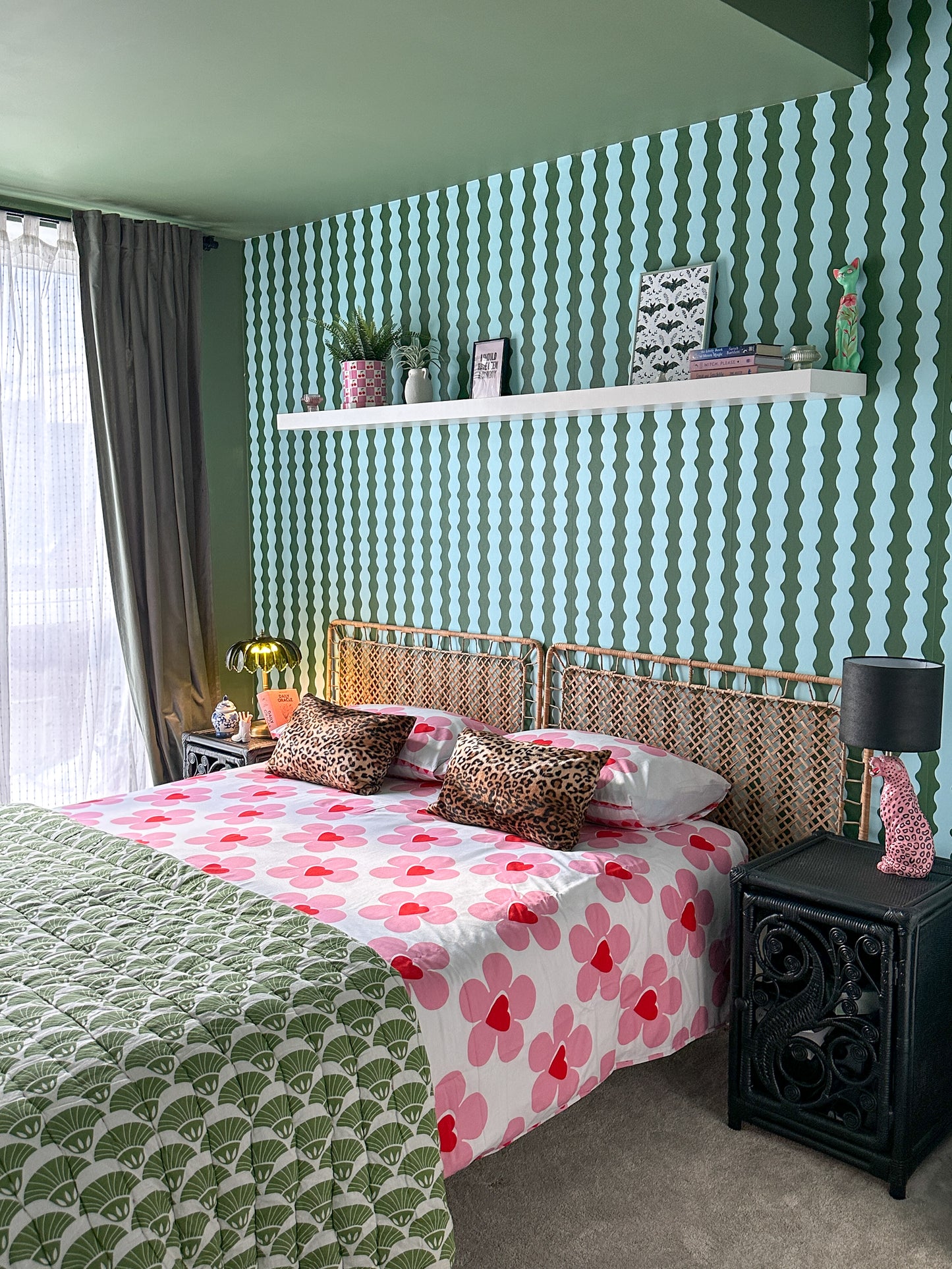 Green wavy wallpaper for bedroom living room maximalist interiors 