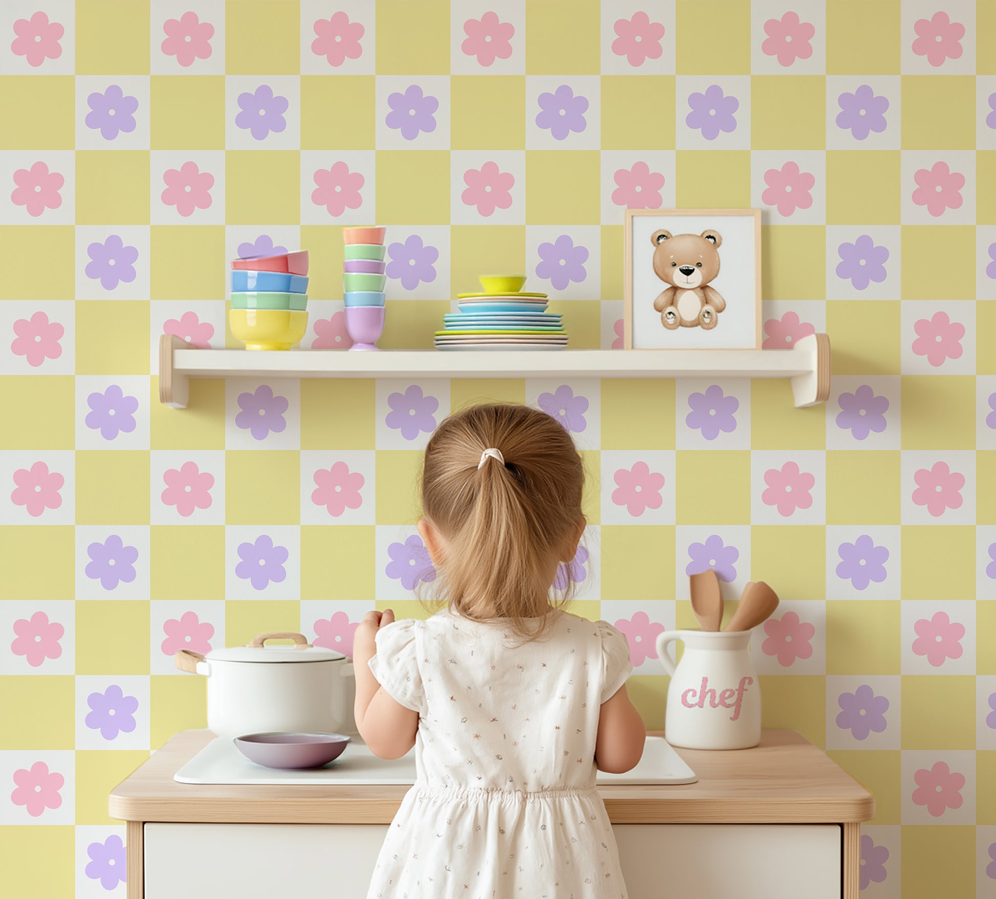 Kids wallpaper with daisies daisy wallpaper in yellow pink and lilac lavender purple UK