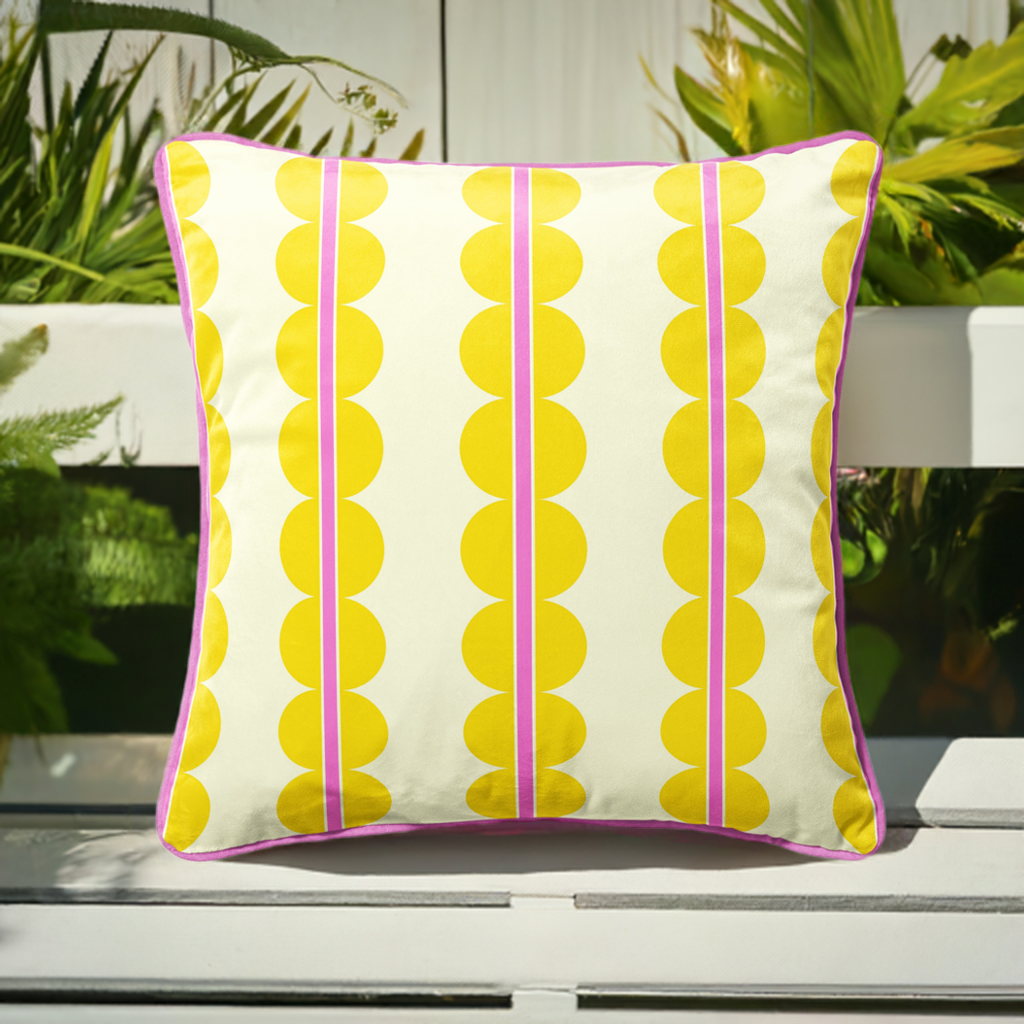 yellow velvet cushion with pink stripes beautiful luxury home decor piece colourful homeware