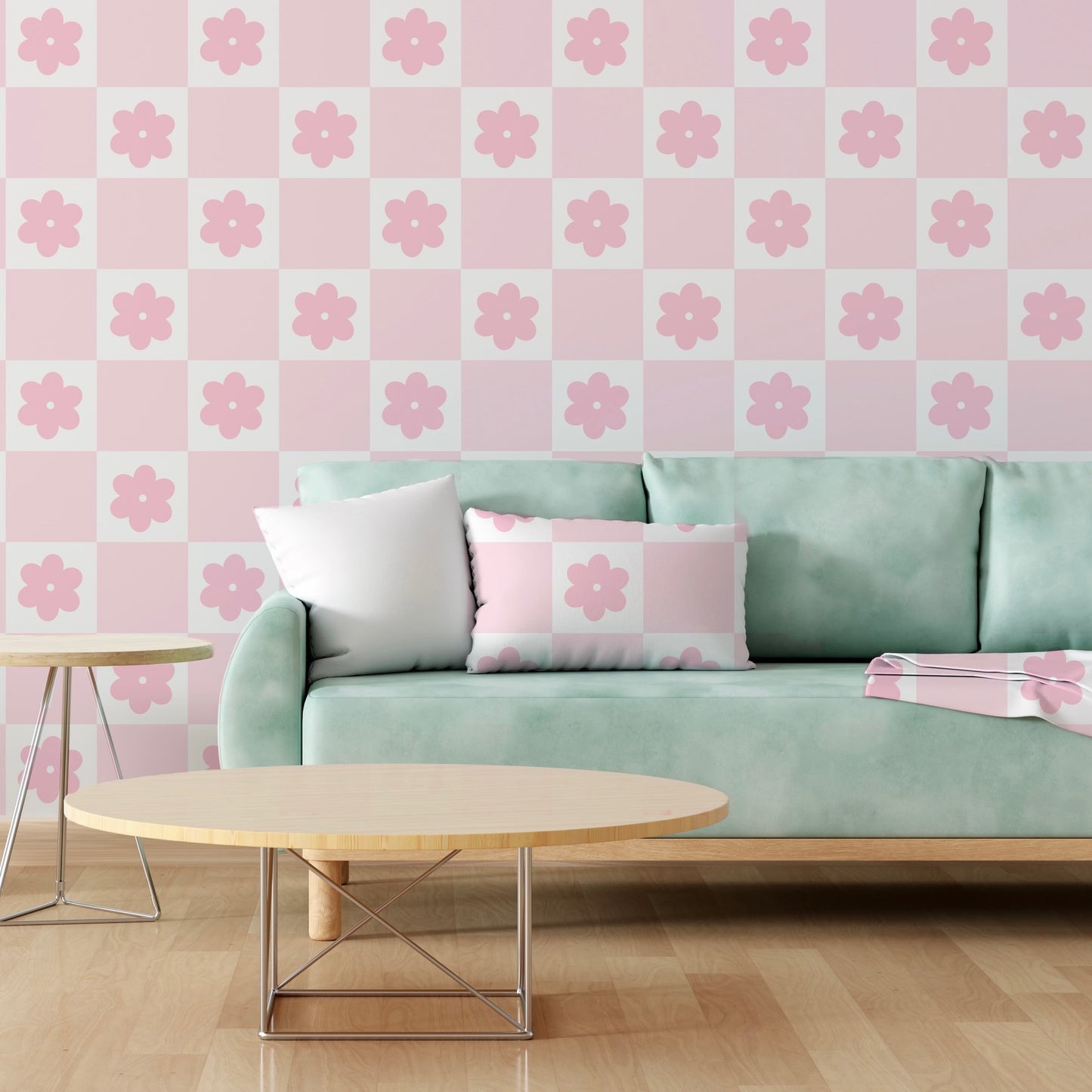 pastel pink daisy checkerboard wallpaper 