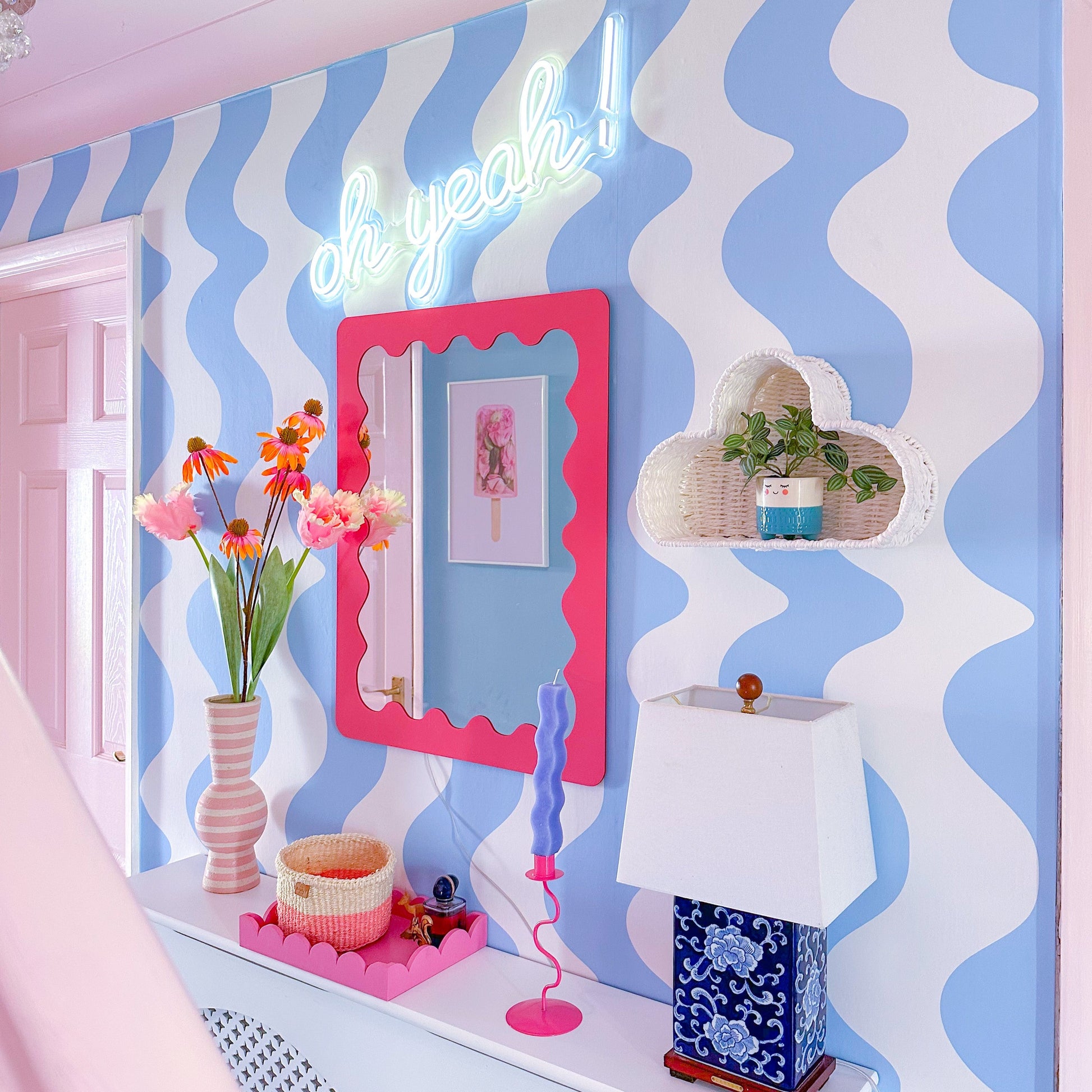 #On_The_Same_Wavelength_wallpaper_in_blue# pastel blue wavy wallpaper for hallway walls UK