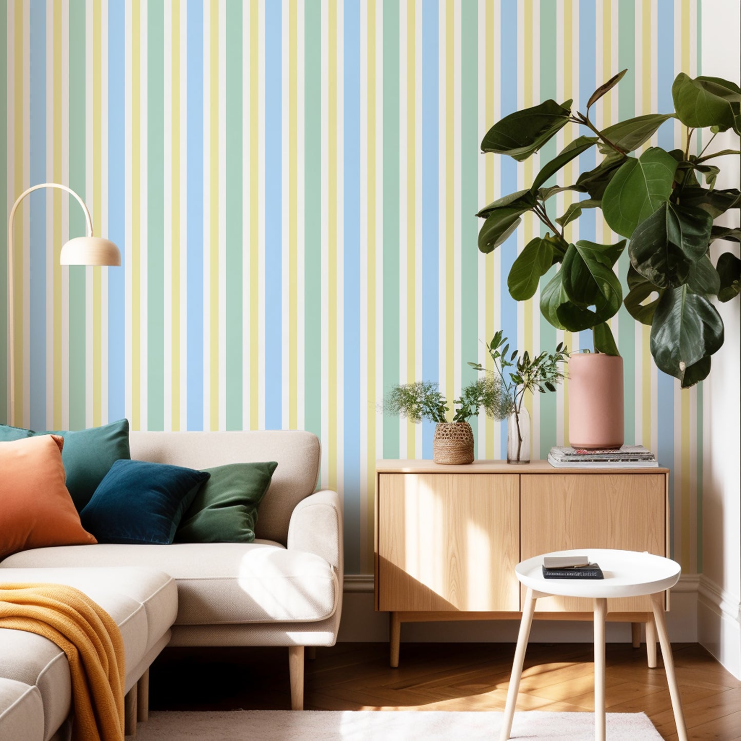 stripes wallpaper UK blue, yellow, green