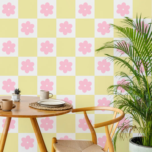 daisy wallpaper pink yellow checkerboard