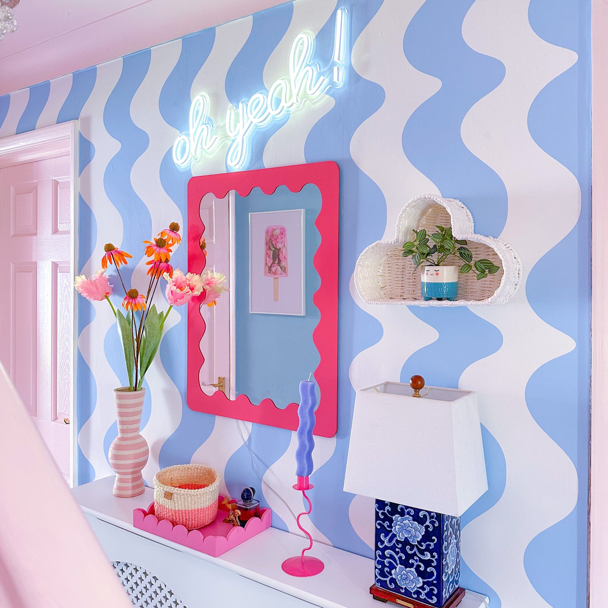 pastel blue wavy wallpaper for hallway walls UK
