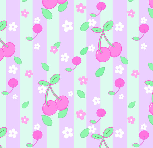 ‘Cherrylicious’ Cherry Wallpaper with Mint & Lavender Stripes
