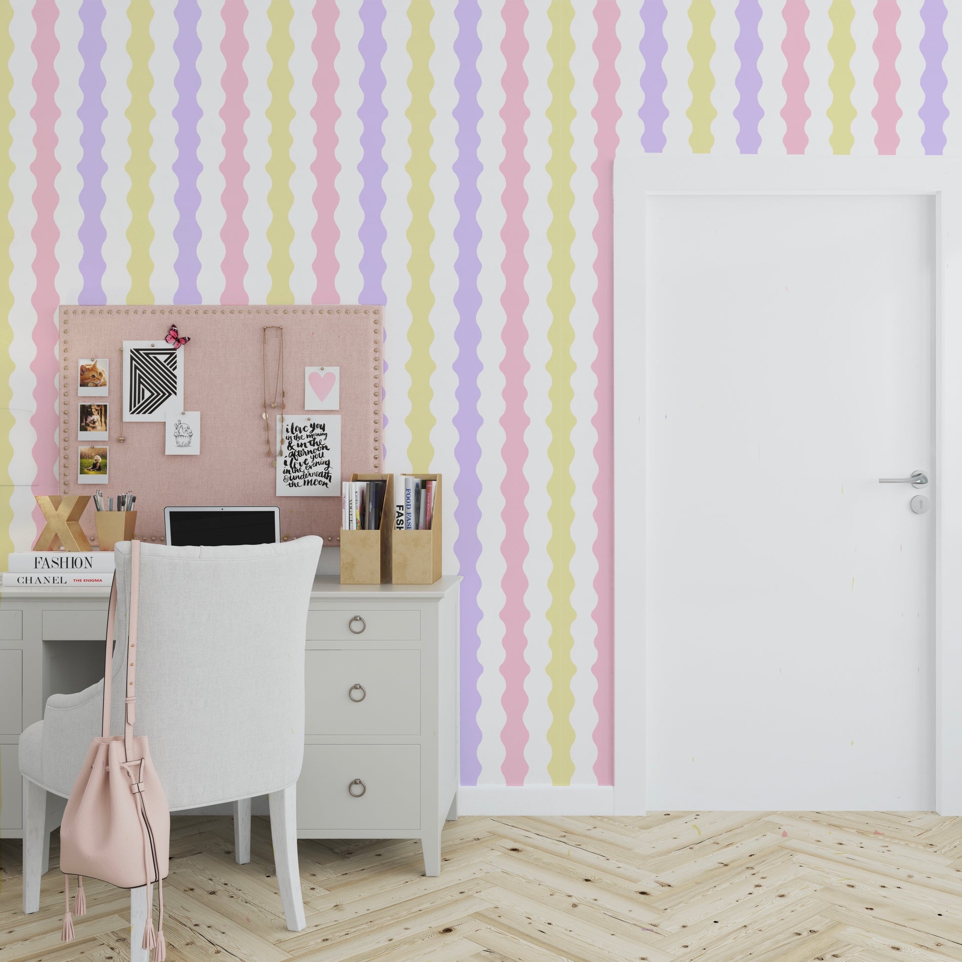 Pastel wiggle wavy wallpaper pink, yellow, lilac colours