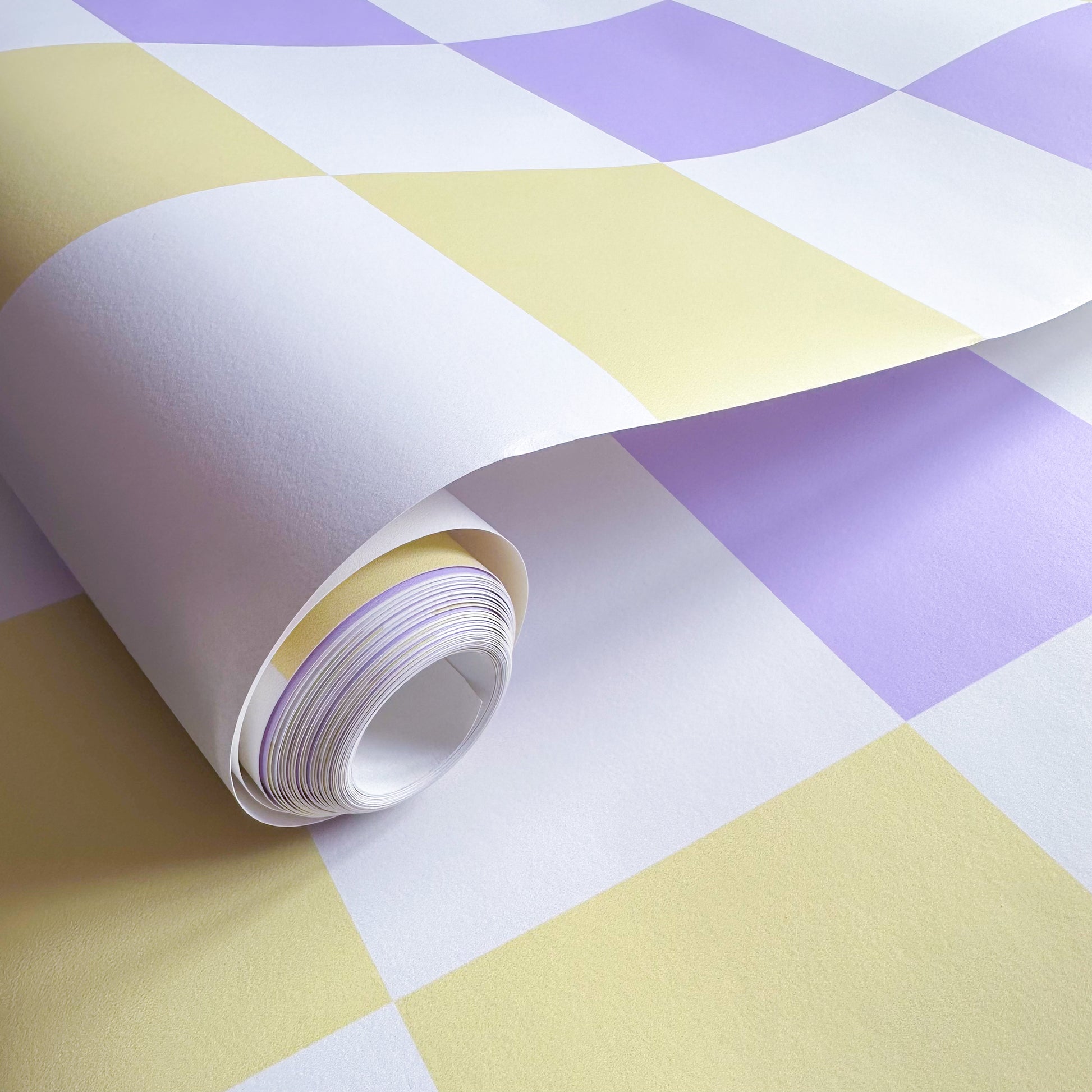 checkered wallpaper for bedroom interiors bathroom hallway kitchen in pastel purple and yellow colours